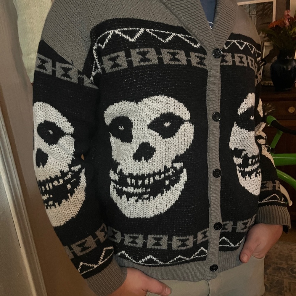 Men's Black and Gray Skull Sweater cardigan button up misfits Halloween winter